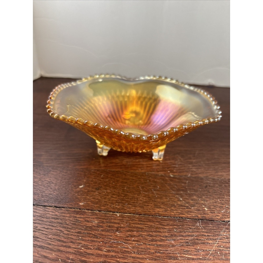 VTG Marigold Carnival Glass Footed Bowl Iridescent Beaded Rim Candy Dish 6.5"